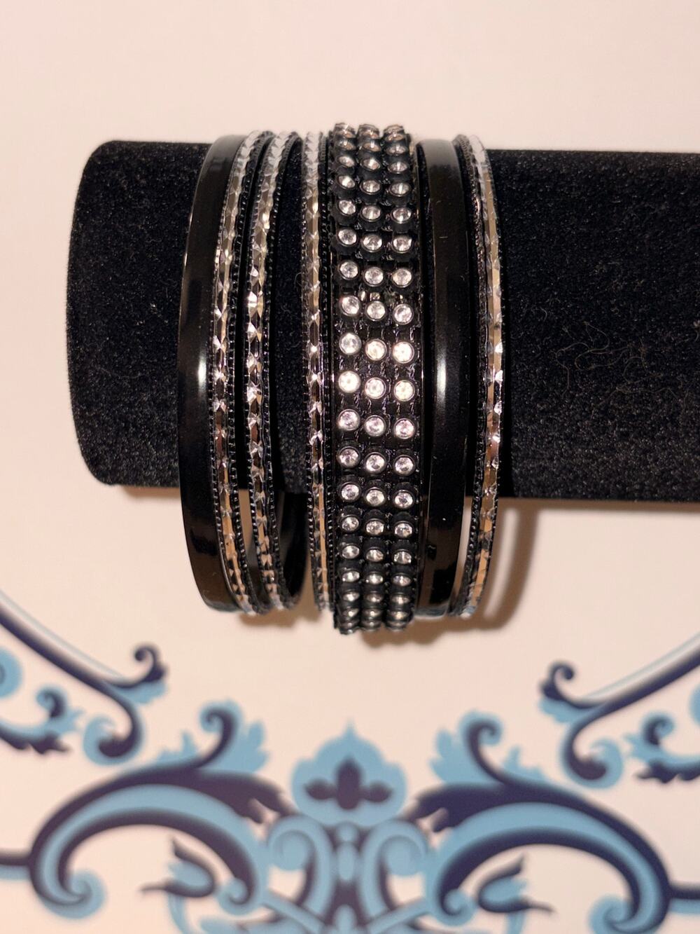 Black Enamel & Rhinestone Bangles Multi Piece Jet Black & Silver Sparkle Stack